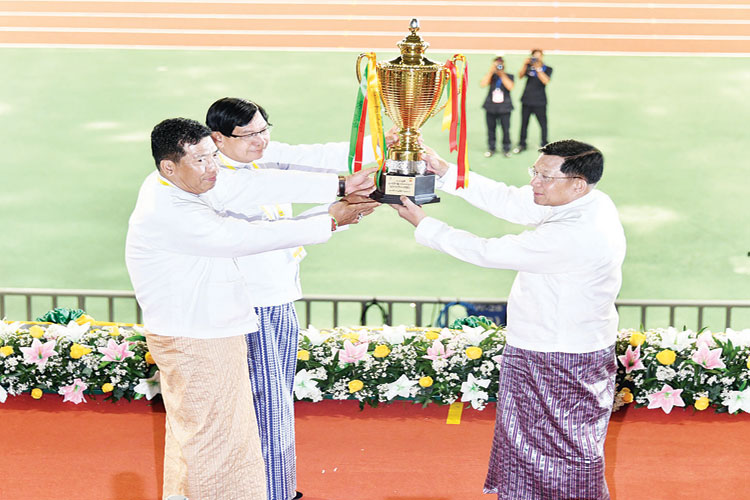 နိုင်ငံတော်စီမံအုပ်ချုပ်ရေးကောင်စီ ဥက္ကဋ္ဌ၊ နိုင်ငံတော်ဝန်ကြီးချုပ် ဗိုလ်ချုပ်မှူးကြီးမင်းအောင်လှိုင် ၂၀၂၄ ခုနှစ်၊ ပဉ္စမအကြိမ်မြောက် အမျိုးသားအားကစားပွဲတော် ပိတ်ပွဲအခမ်းအနားသို့ တက်ရောက်ချီးမြှင့်ပြီး ဂုဏ်ပြုအမှာစကားပြောကြားသည့်သတင်း